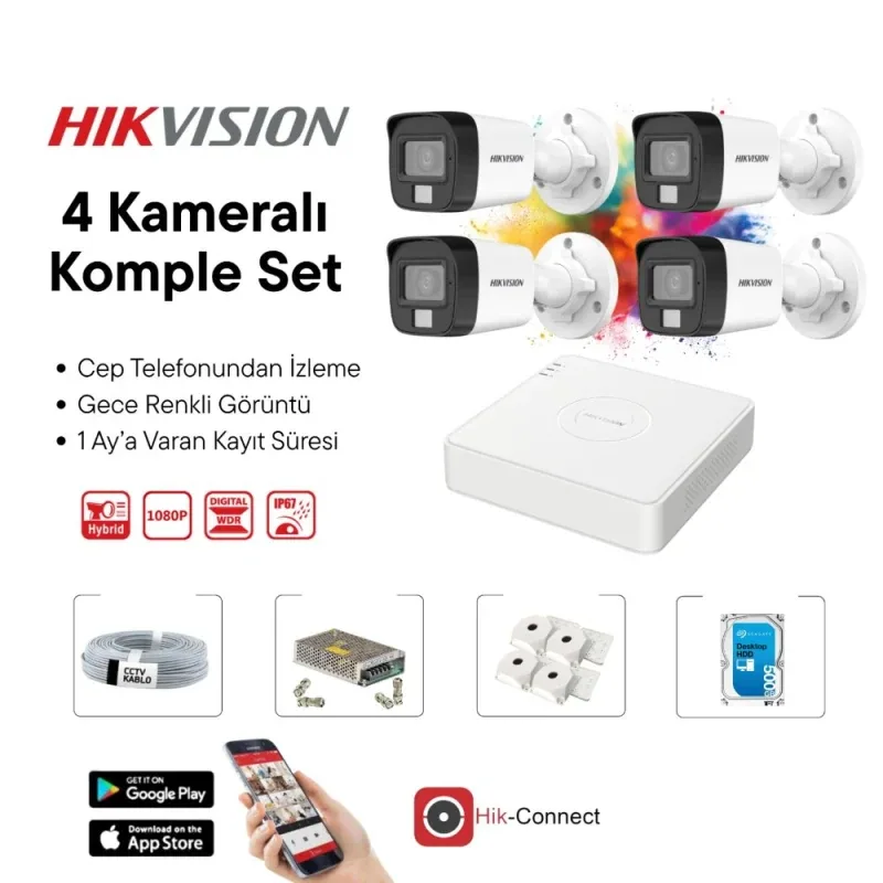4 Kameralı Full HD Gece Renkli Görüşlü AHD Güvenlik Kamera Seti