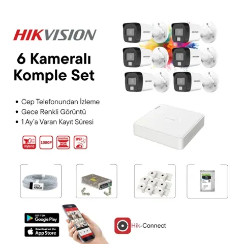 6 Kameralı Gece Renkli Görüşlü Full HD AHD Güvenlik Kamera Seti