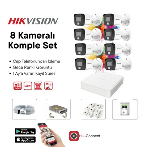 8 Kameralı Gece Renkli Görüşlü Full HD AHD Güvenlik Kamera Seti