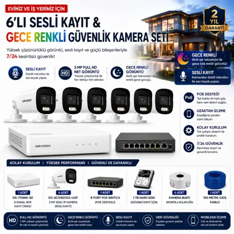 6'lı IP Kamera Güvenlik Seti (DS-7108NI-Q1 + 6 Adet DS-2CD1021G2-LIUF + 1 TB HDD + 8 Port PoE Switch)