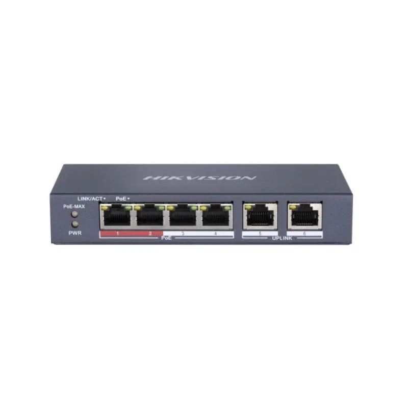 DS-3E0106P-E/M 6 Port Fast Ethernet Yönetilemez PoE Switch (4×PoE + 2×Uplink, 35W PoE Bütçesi, 300 m Extend Modu)